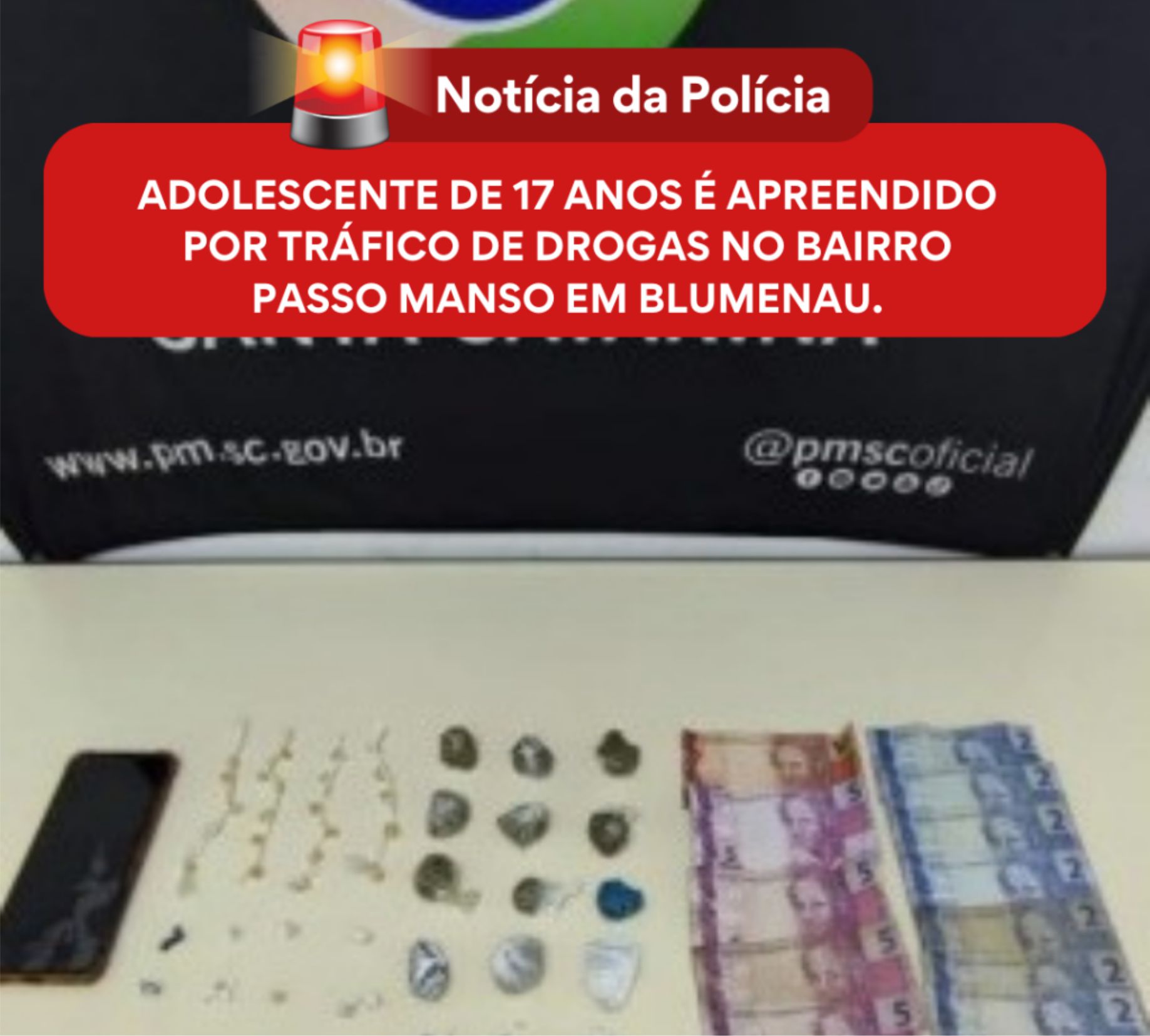 Adolescente de 17 anos é apreendido por tráfico de drogas no bairro Passo Manso em Blumenau.